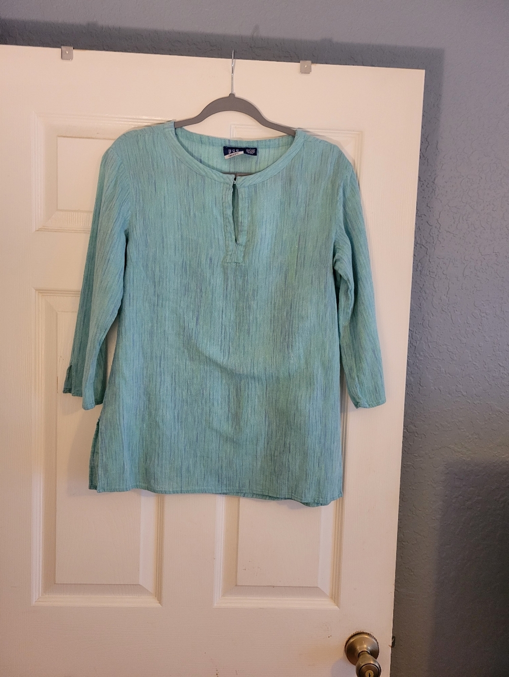 DCC Missy Blue & Green Crinkle Cotton Tunic Blouse Size Large Beachy Casual Boho